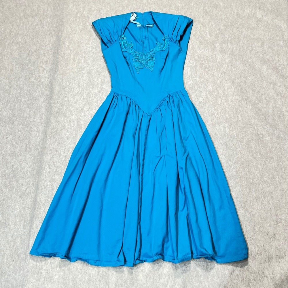 Vintage 80s Turquoise Cotton Lace Applique Fit Flare‎ Midi Dress Blue Size 7/8